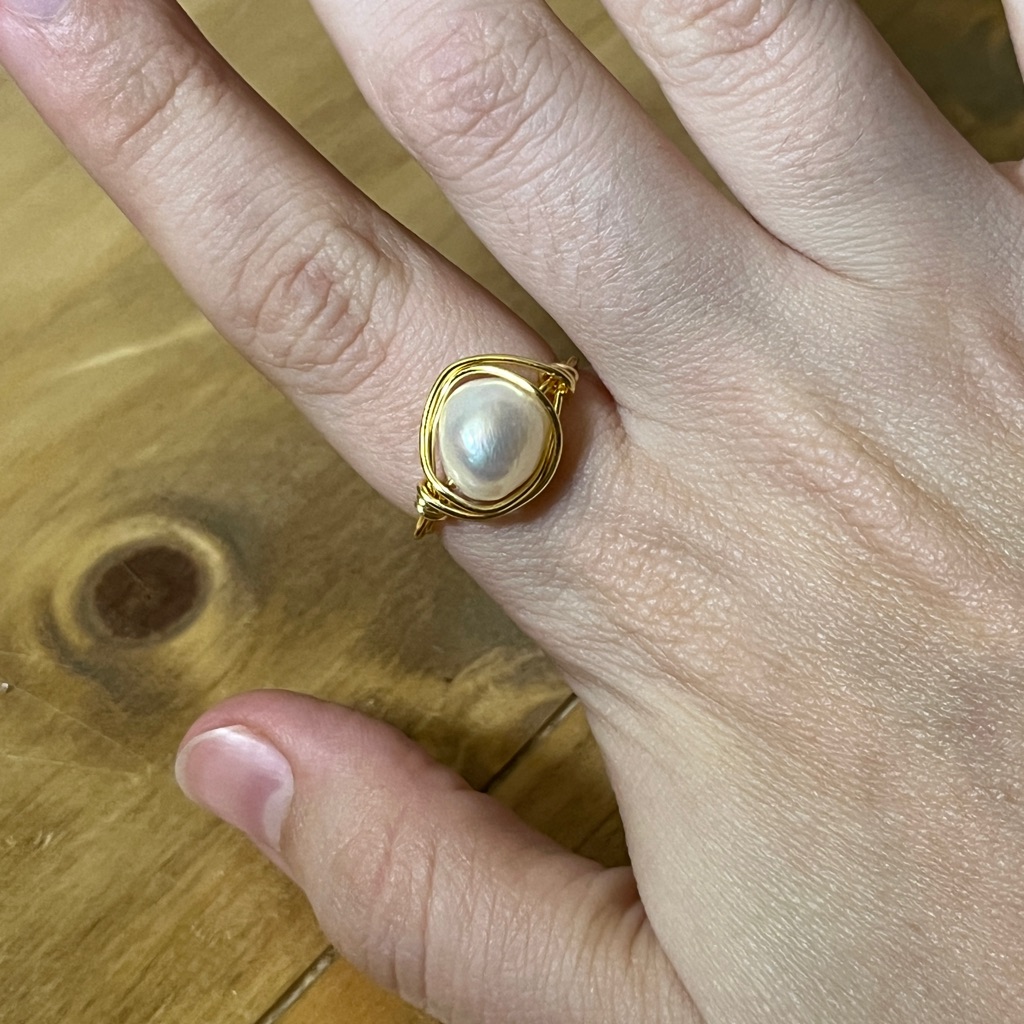 Genuine Pearl Gold Wire Wrapped Ring Size 7 Handmade
